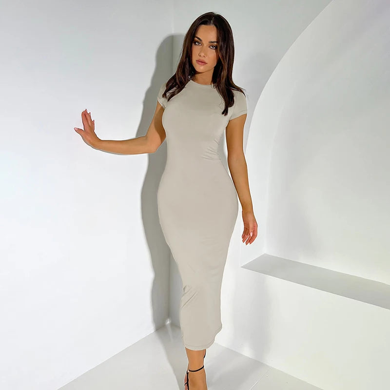 CUTENOVA 2024 Women Solid Color Slim Short Sleeve Casual Pullover Sumer Long Dress Skinny Sexy Daily Dress