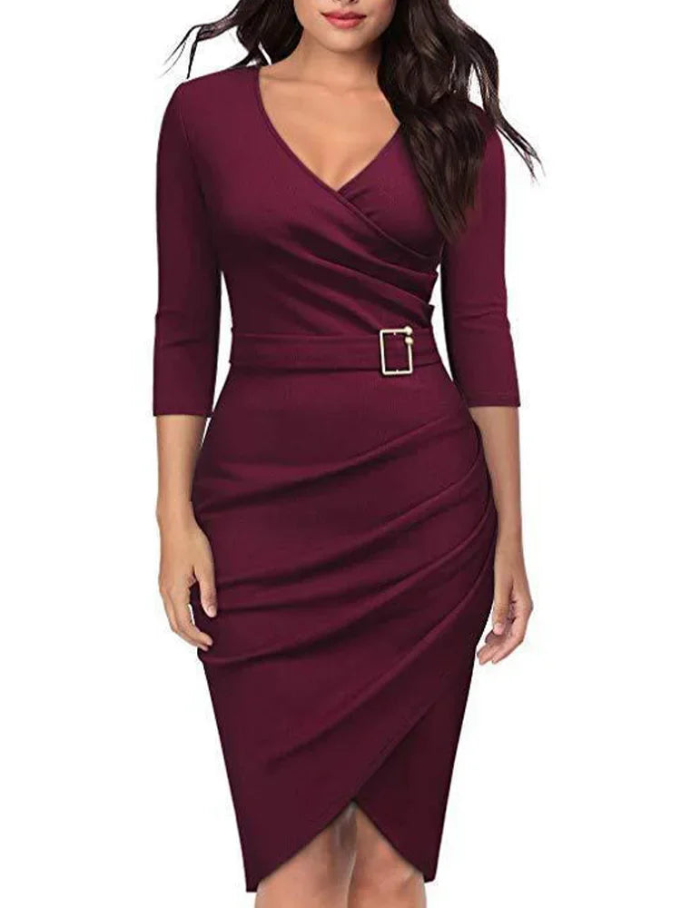 Elegant Fall Bodycon Short Dress Women Long Sleeve V Neck Slim Fit Work Robe Female OL Lady Solid Everyday Dresses