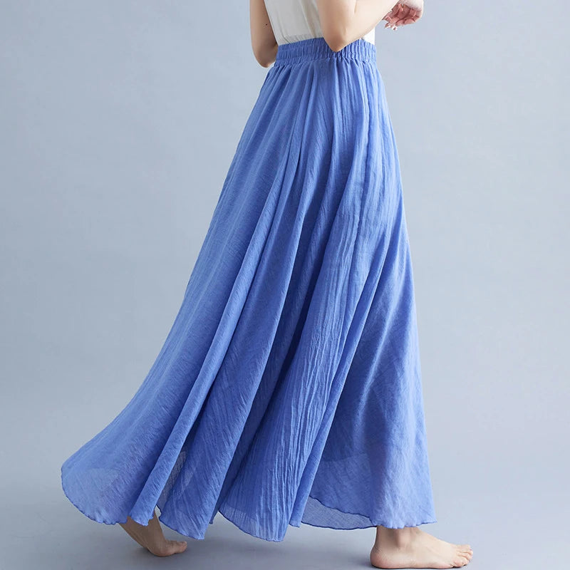 28-Color Mori Girl Literary Cotton Linen Dress Elastic Waist A-line Expansion Skirt Solid Color Ethnic Style Women Long Skirts