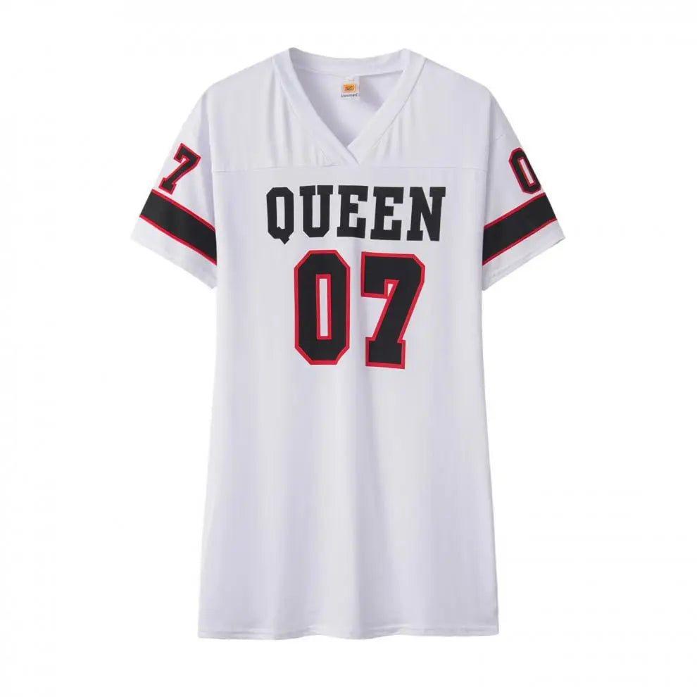 2024 New Fashion V-Neck Queen Letters Print Dress Short Sleeve Basketball Sporty Style Sexy Loose Female Clothing Streetwear