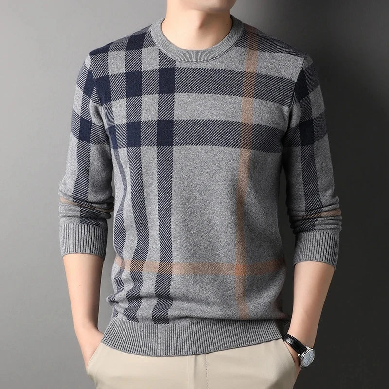 High Quality Luxury Men's Knitted Pullover Autumn Winter O-Neck Striped Wool Sweater British Casual Fashion Versatile Knitwear