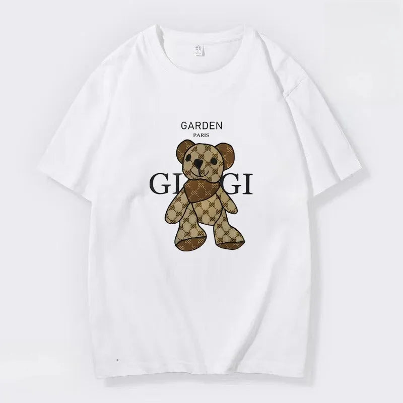 2024 Summer New Men's T-shirt Letter Bear Print Casual Short-sleeved Gym Sports Outdoor Running Cotton Sports Women's Clothing