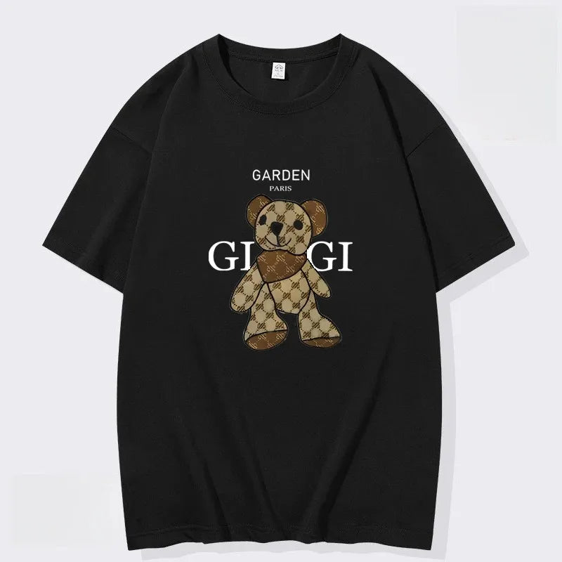 2024 Summer New Men's T-shirt Letter Bear Print Casual Short-sleeved Gym Sports Outdoor Running Cotton Sports Women's Clothing